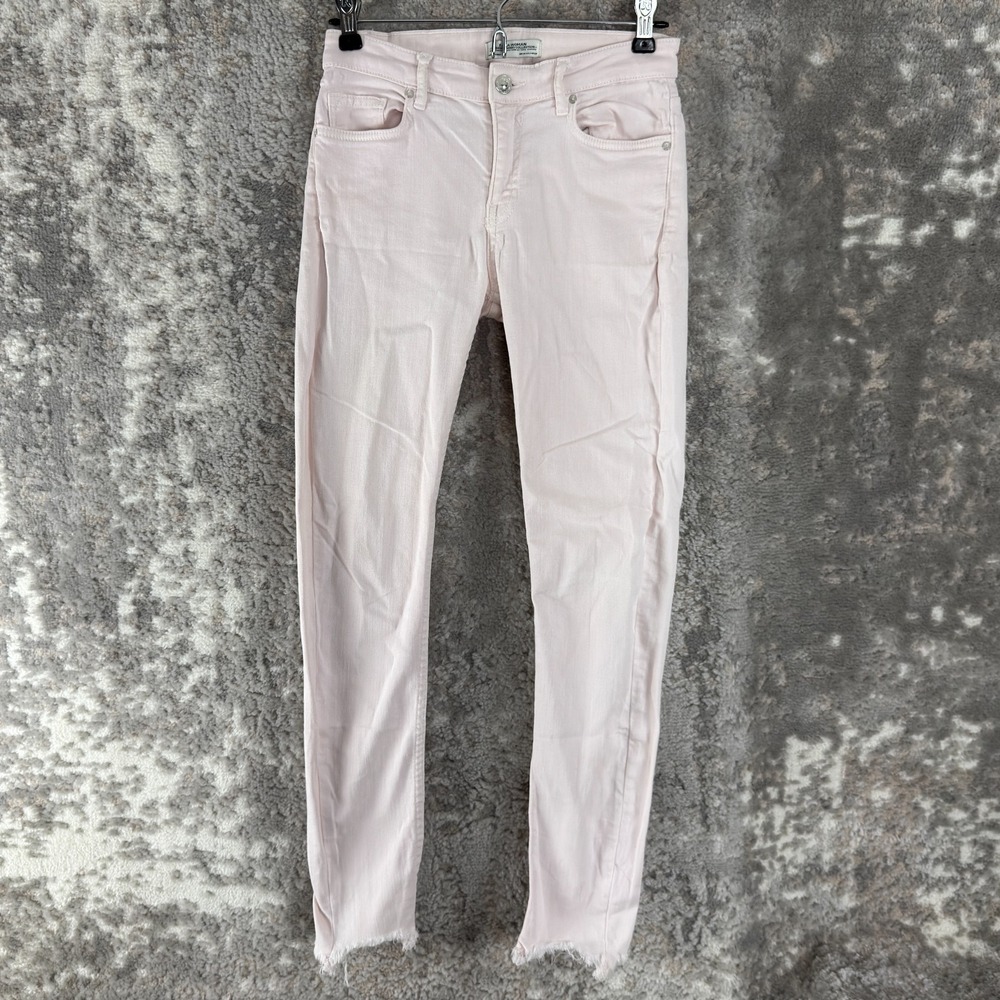 Zara‎ Size 2 Raw Hem Denim Skinny Jeans Pants Pink Button Zip Casual Ankle